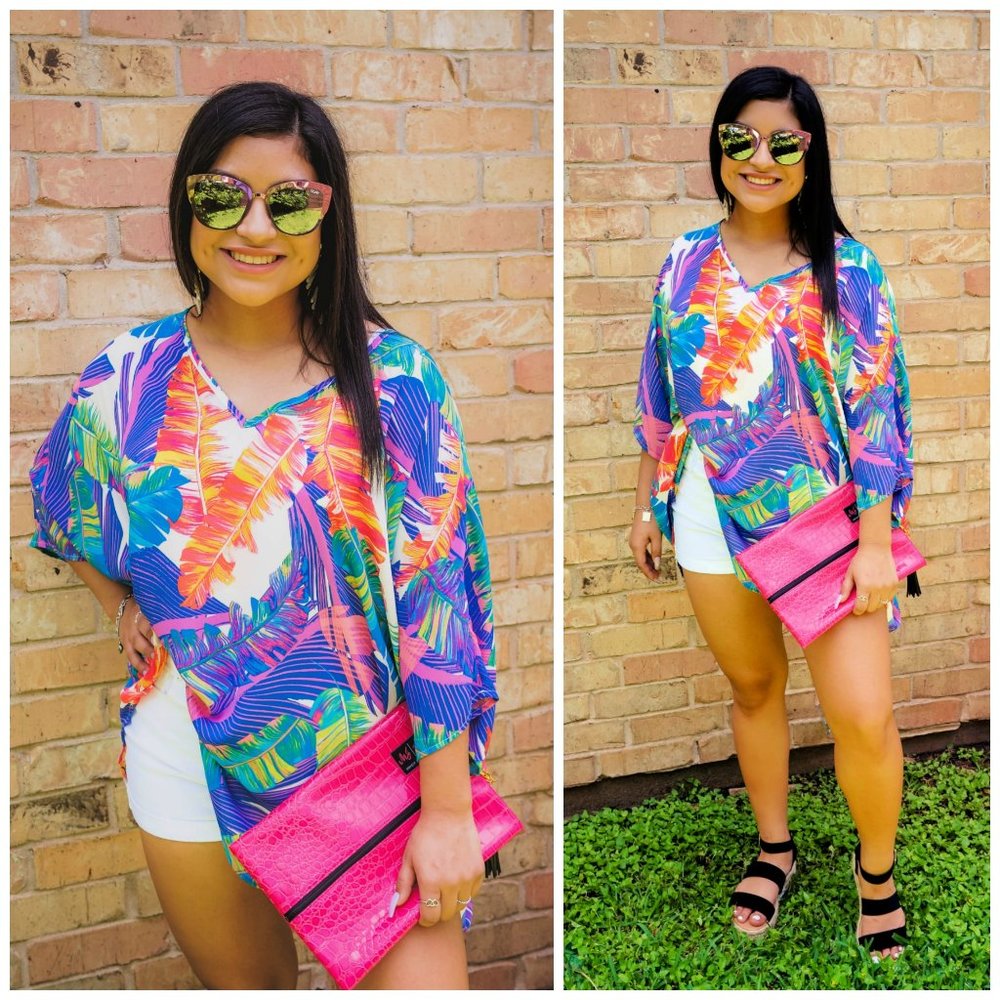 Paradise Awaits Palm Leaf Multi Print Tunic Top